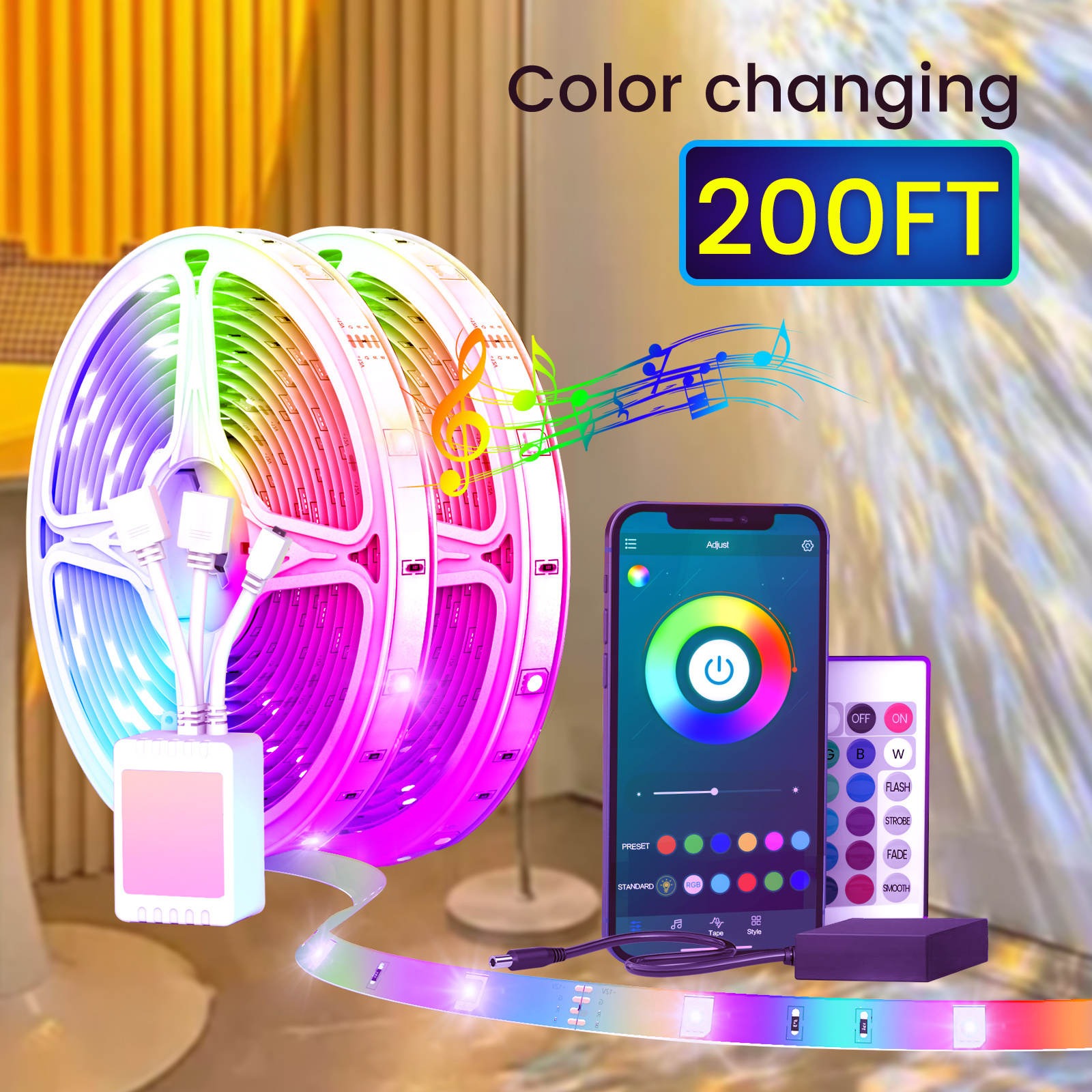 

25/ 50/ 100/ 130/ 200 Ft Rgb Led Light Strip, Smart Light Strip, Application Control And Remote Control, 24 Volt, Music Sync Color Changing Light, Suitable For Rooms, Parties, Home Decor