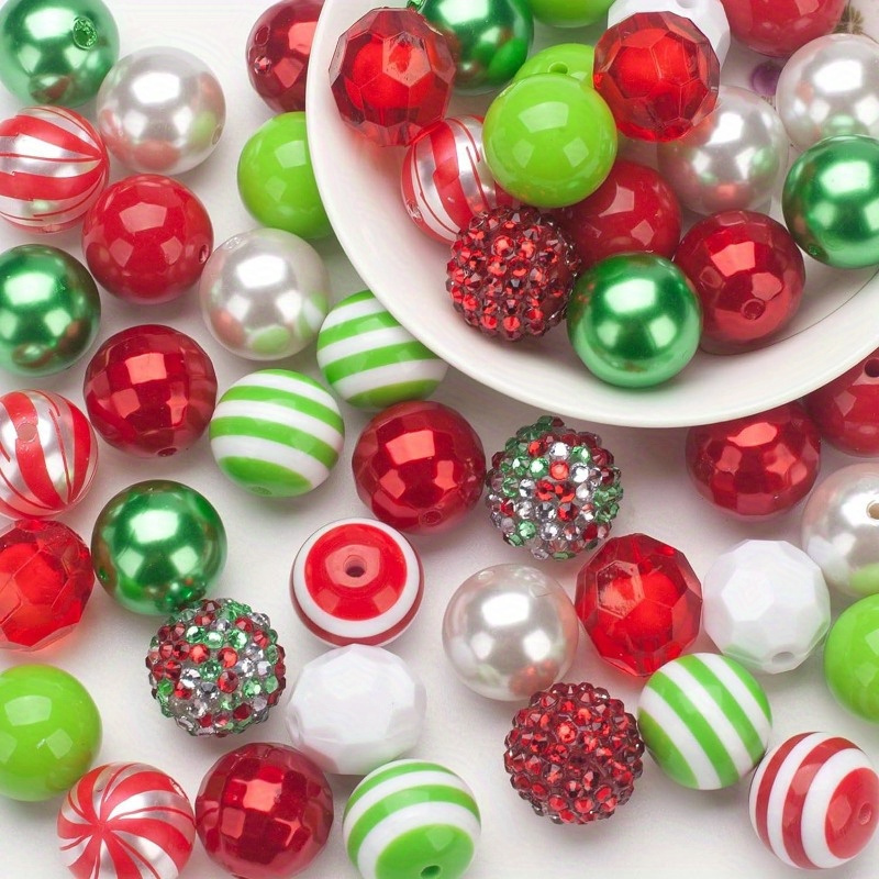 

50 Pcs Christmas Bubblegum Bead Mix Kit, Acrylic & Resin Chunky Beads In 12 Styles With Spacer Charms, Extension Chains & Beading Cord For Diy Bracelets, Necklaces, Jewelry Making & Crafts Accessory