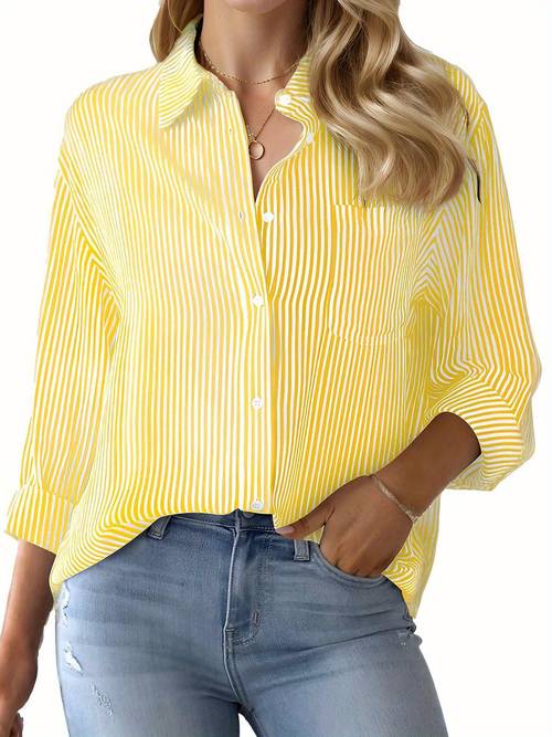 womens striped long sleeve shirt with pockets casual lapel collar cotton blend fabric machine washable office or casual attire striped pattern shirt soft textured design elegant long sleeve button blouses
