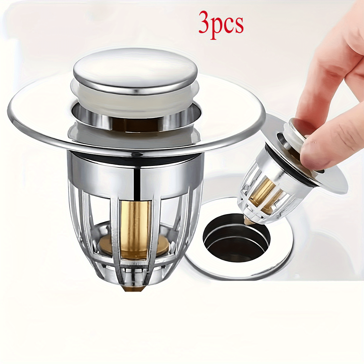TEMU 3pcs Universal Bathroom Sink Stopper, Anti-odor Wash Basin Copper , Pop Up Bathroom Sink Plug, Press Type Sink Drain Stopper, Washbasin Drain Filter, Bathtub Plug Hair , Bathroom Accessories