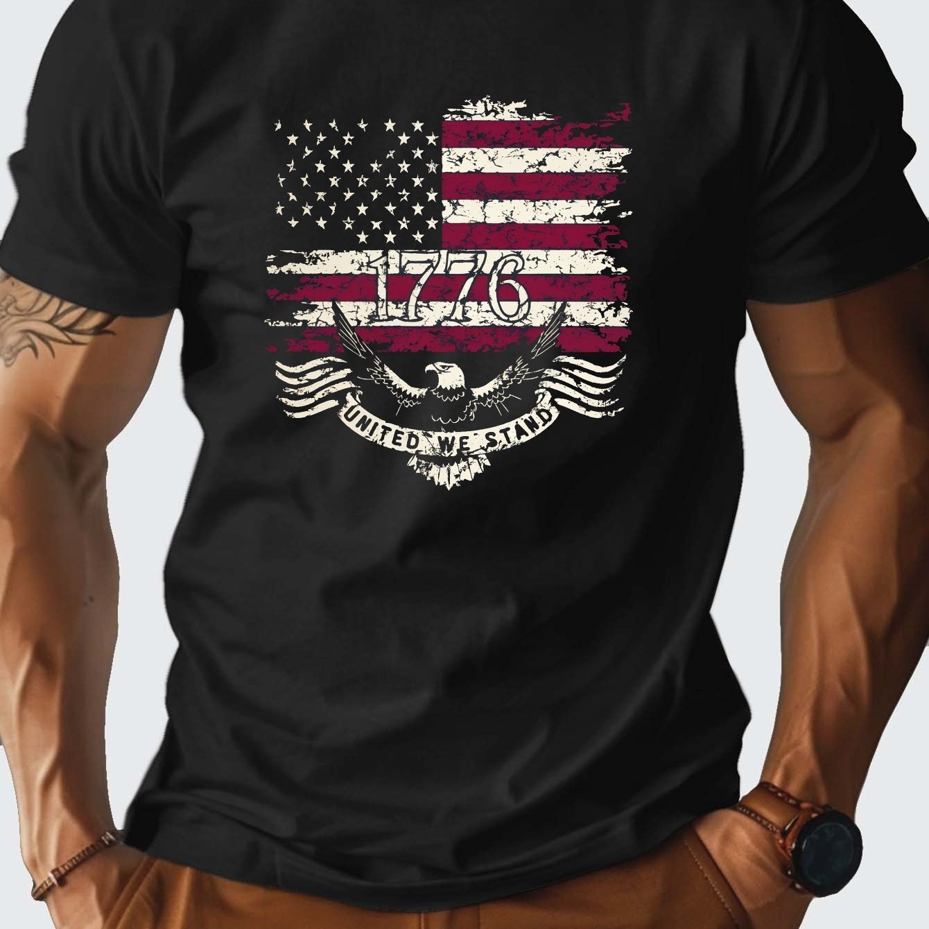 

Men's 100% Cotton Flag And Eagle Graphic Print T-shirt, Casual Short Sleeve Crew Neck Tee, Men's Clothing For Summer Outdoor