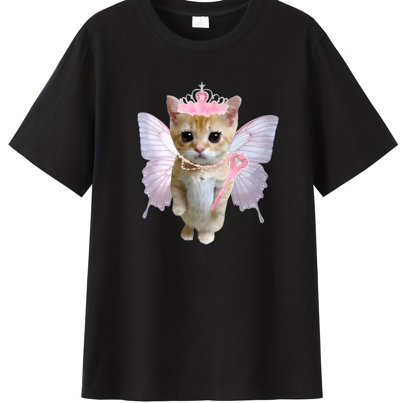 

A Cute Kitten Fairy Pattern Print, Men's Round Neck Short Sleeve Summer T-shirt, Casual And Comfortable Daily And Outdoor Wear Top,