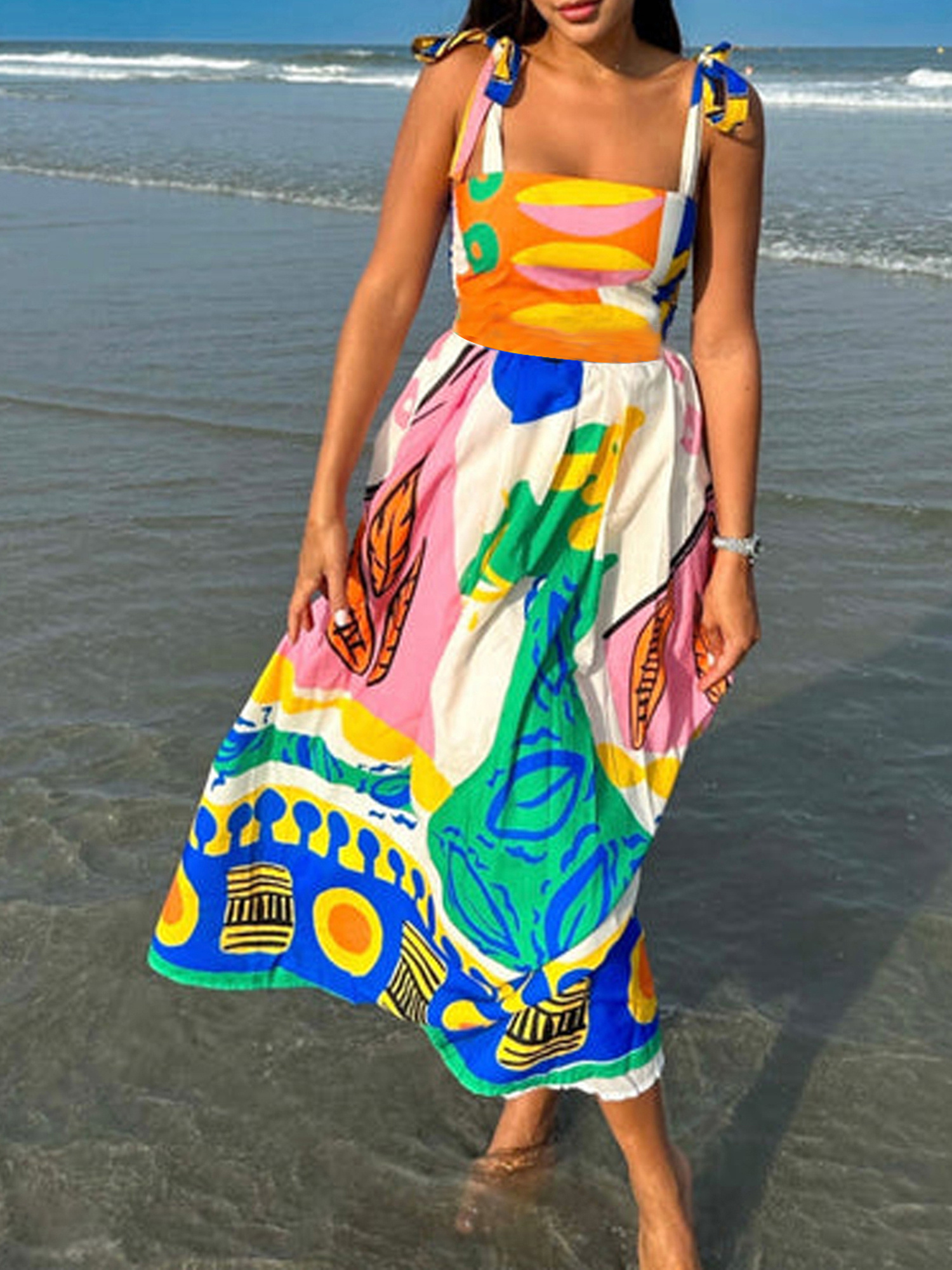 * Maxi Dress for Women - Sleeveless with Tie Shoulder Straps, Square  Neckline * Beach Vacations