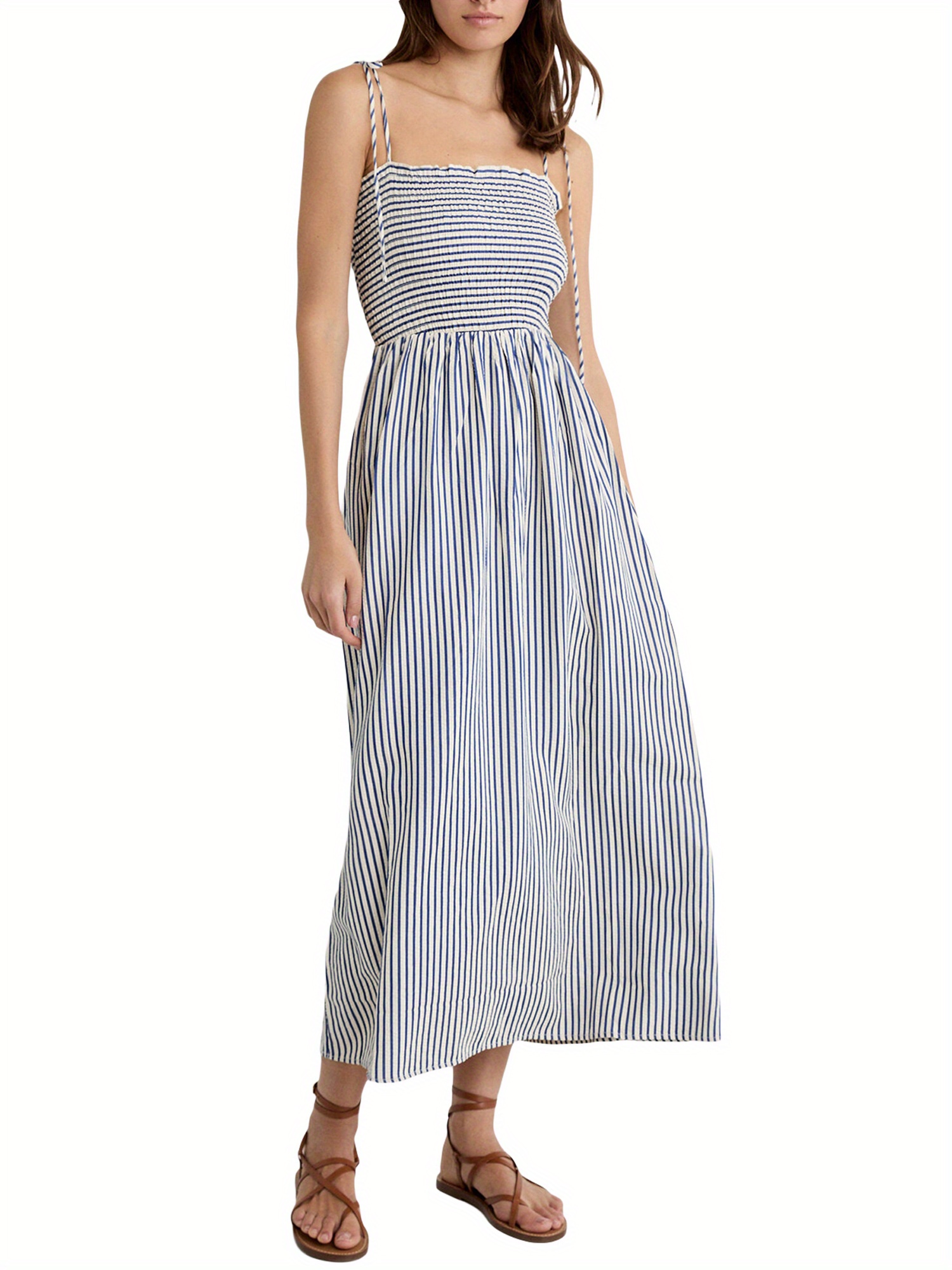Women's Blue & White Striped A-Line Dress - Sleeveless Square Neck Backless  Beach Dress with * Hem & Smocked Waist, Greek Key Strap Summer Vacat