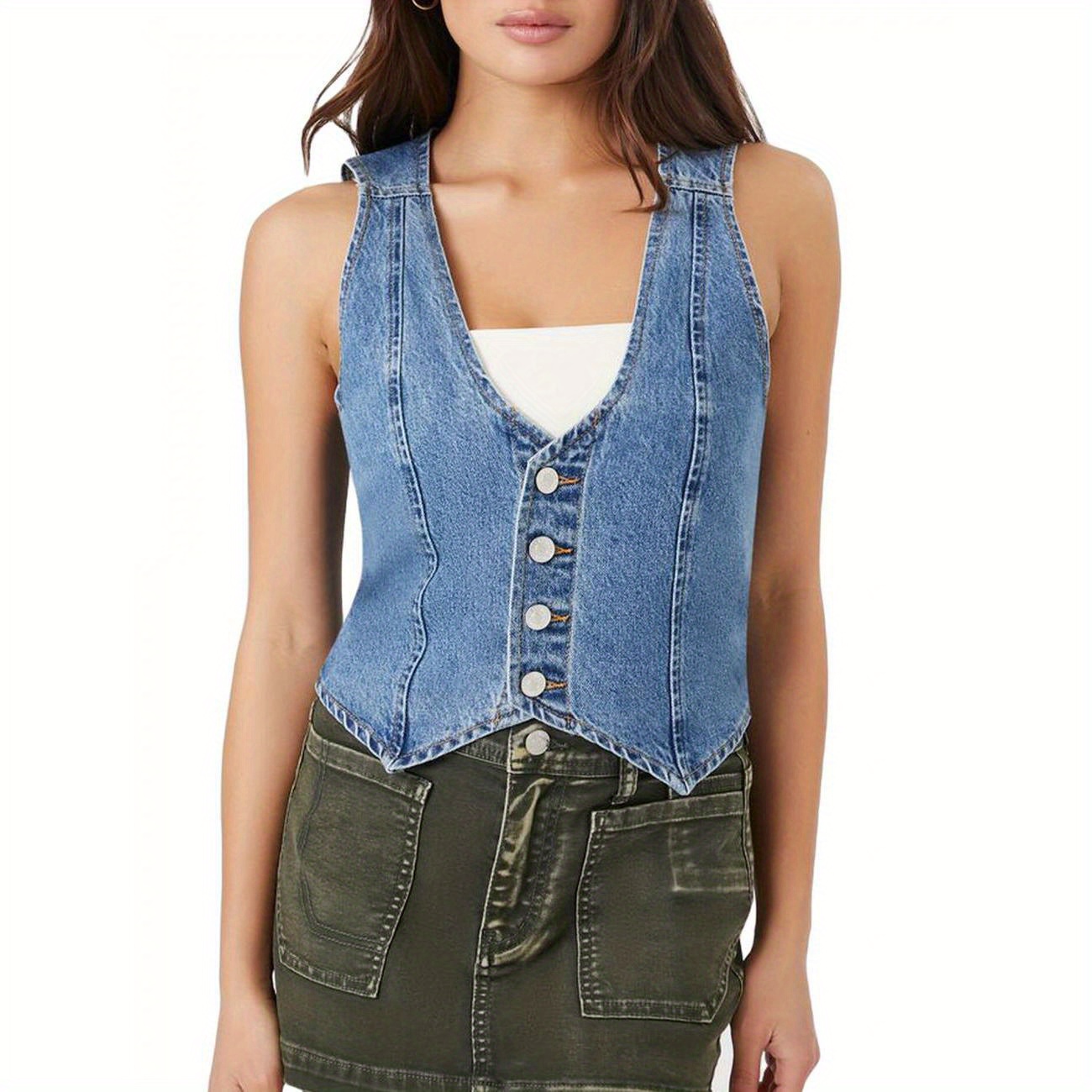 

Women Denim Vest, Sleeveless Button Vest Solid Slim Outwear Gilet For Casual Street