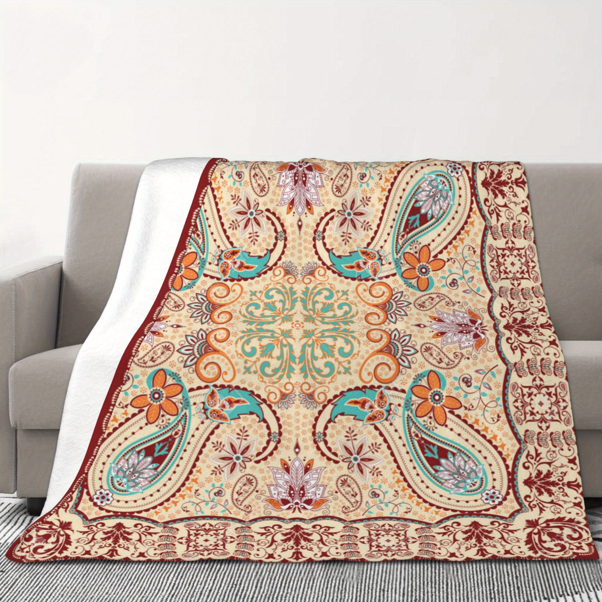 

Glam Style Bohemian Paisley Digital Print Flannel Throw Blanket - Non-woven, 100% Polyester, All-season, 250-300g Lightweight Fabric, Versatile For Weddings, Birthdays, Gifts