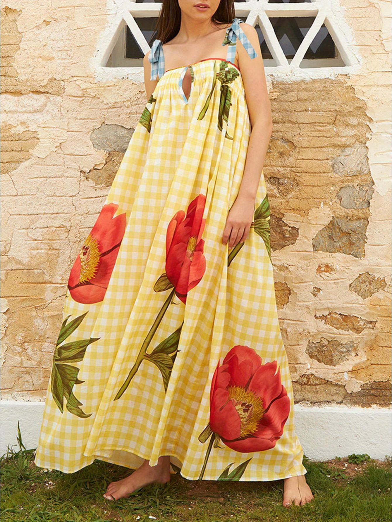 women summer floral spaghetti strap dress flowy smocked tie Temu