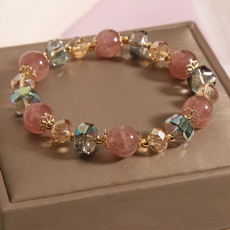 

1pc Elegant Strawberry Crystal & Artificial Rock Crystal Beaded Bracelet - No Plating, Unisex Fashion Jewelry For Daily And Campus Wear, Suitable For All Seasons