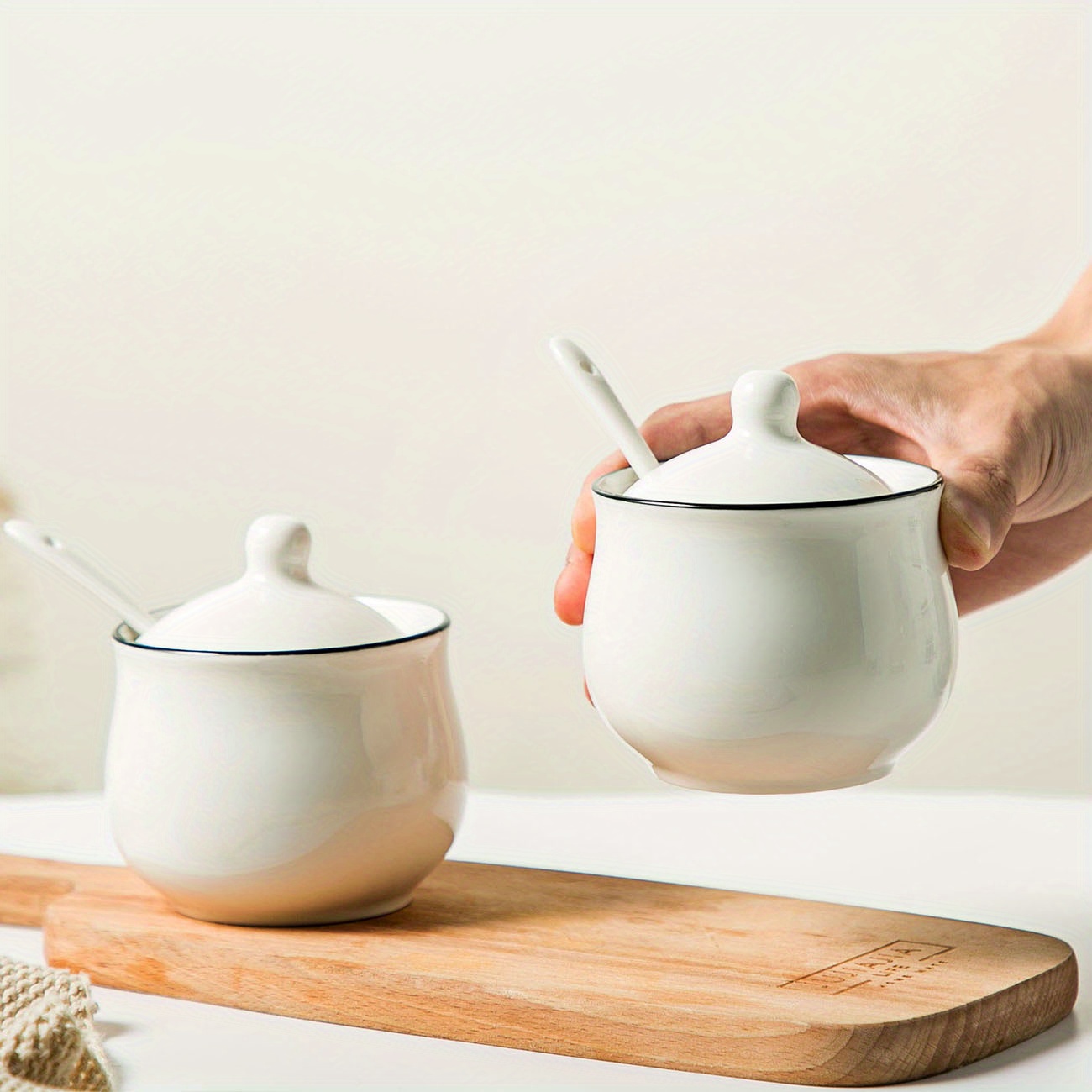 white ceramic seasoning jar spoon kitchen salt chili oil Temu