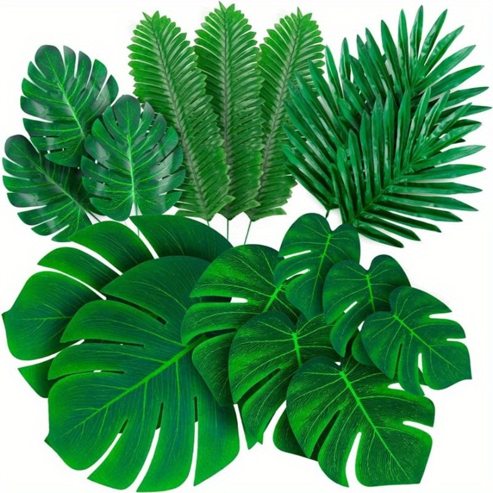 Image of 20pcs Palm Leaves Artificial Tropical Monstera 6 Kinds Large Small Green Fake Palm Leaf With Stems For Jungle Hawaiian Luau Party Table Decoration Wedding Birthday Theme Party