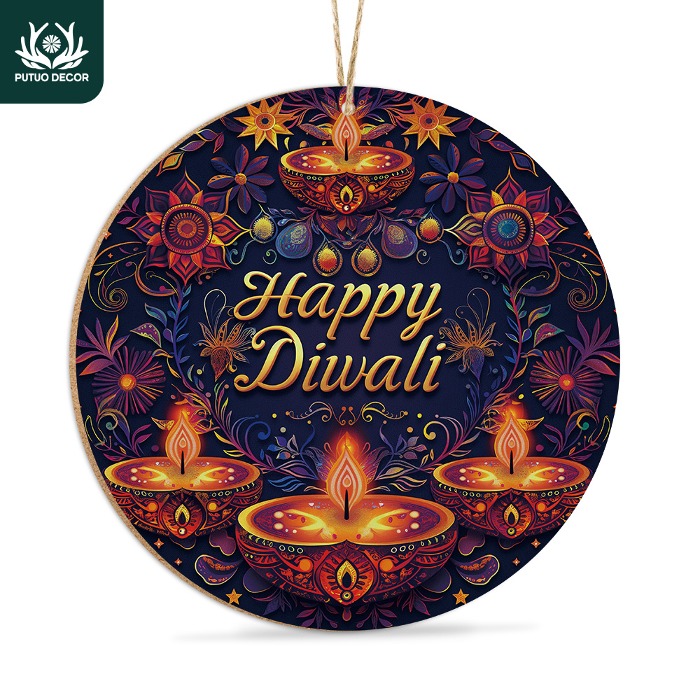 

Happy Diwali Round Wooden Hanging Sign - Perfect For Home, Farmhouse, Bar, Coffee Shop & Front Door Decor - Ideal Diwali Gift