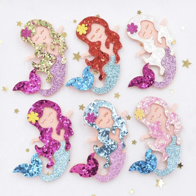 Image of 6pcs 6cm Glitter Fabric Appliques Cartoon Mermaid Nonwoven Padded Patches For Wall Hat Stickers Hair Clips Decor Additions