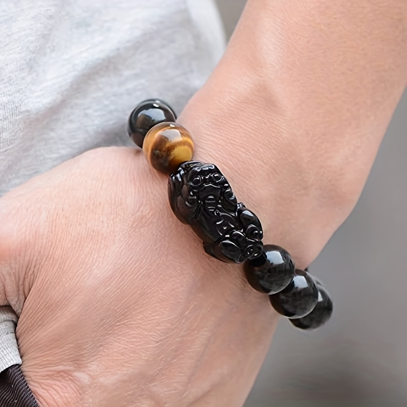 

1pc Black Wealth Bracelet - Wind Water Skin For Men And Women - Tiger Stretchable Bracelet - Style For Wear