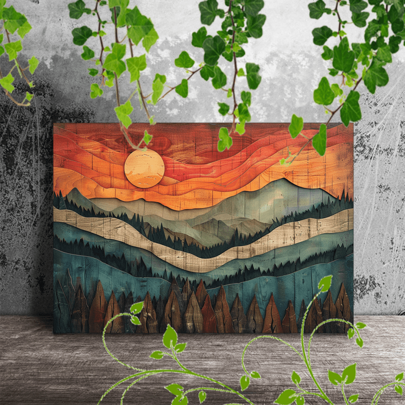 

1pc Wooden Framed Canvas Painting Artistic Printing, Corridor Home Living Room Decoration Suspensibility Mountain Landscape, Layered Wood Pattern, Sun