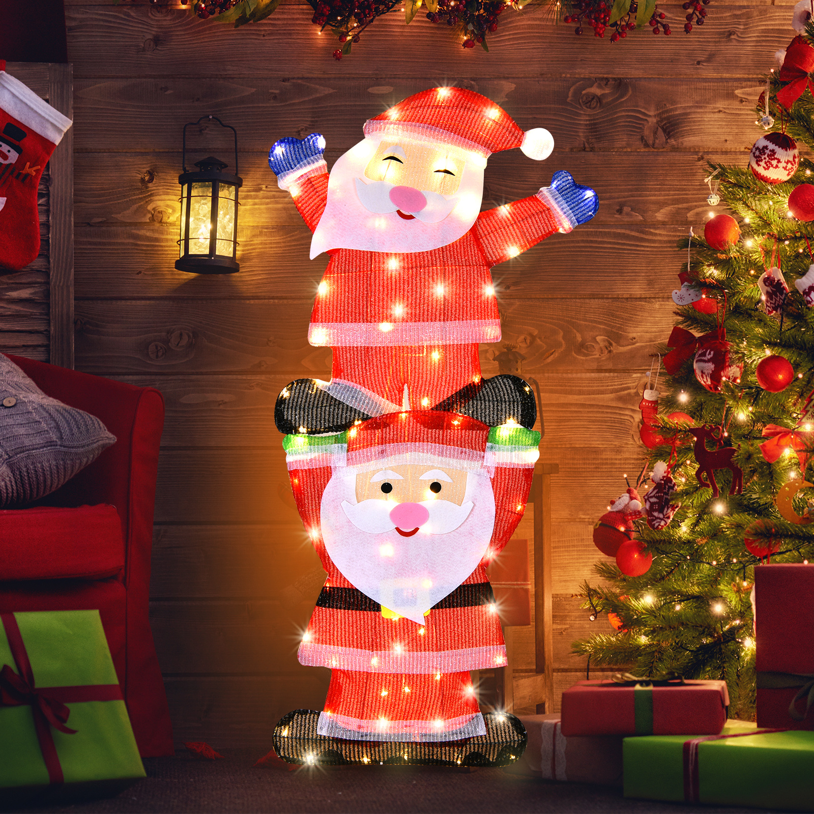 

Maxmass Christmas Outdoor Led Double Santa Yard Sign W/ String Lights & 4 Stakes