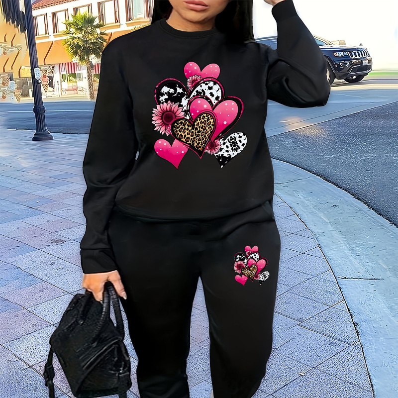 

Heart Print 2 Piece Set, Crew Neck Sweatshirt & Pants, Women's Clothing