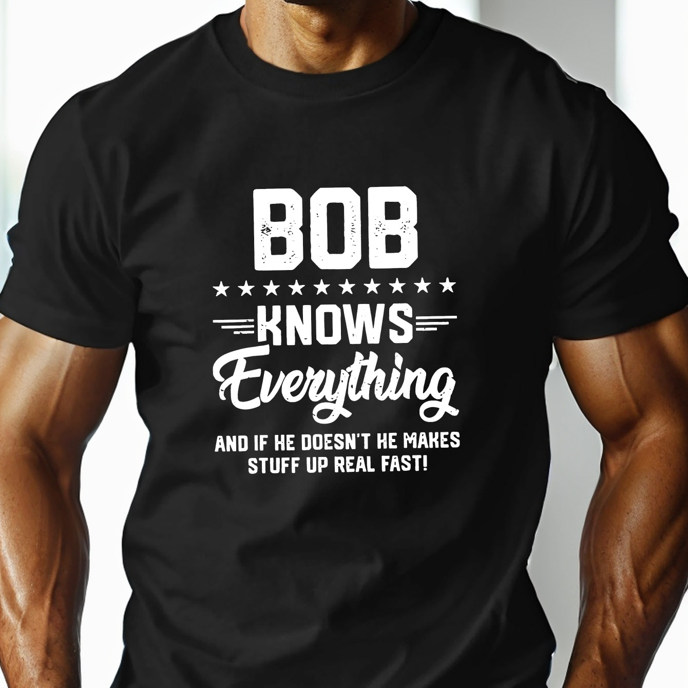 

Bob Knows Everything Print Pure Cotton Men's T-shirt, Comfort Fit, Casual Style, Crew Neck, Mid-weight Fabric For Daily Wear, 1 Pc, 100% Cotton T-shirt