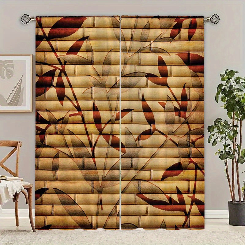 

[jit]2pcs Modern Room Curtains, Blackout Curtains, Polyester, Bamboo Tube And Leaf Pattern Decoration, Bedroom Printed Curtains, Home Decoration, Living Room And Bedroom Decoration