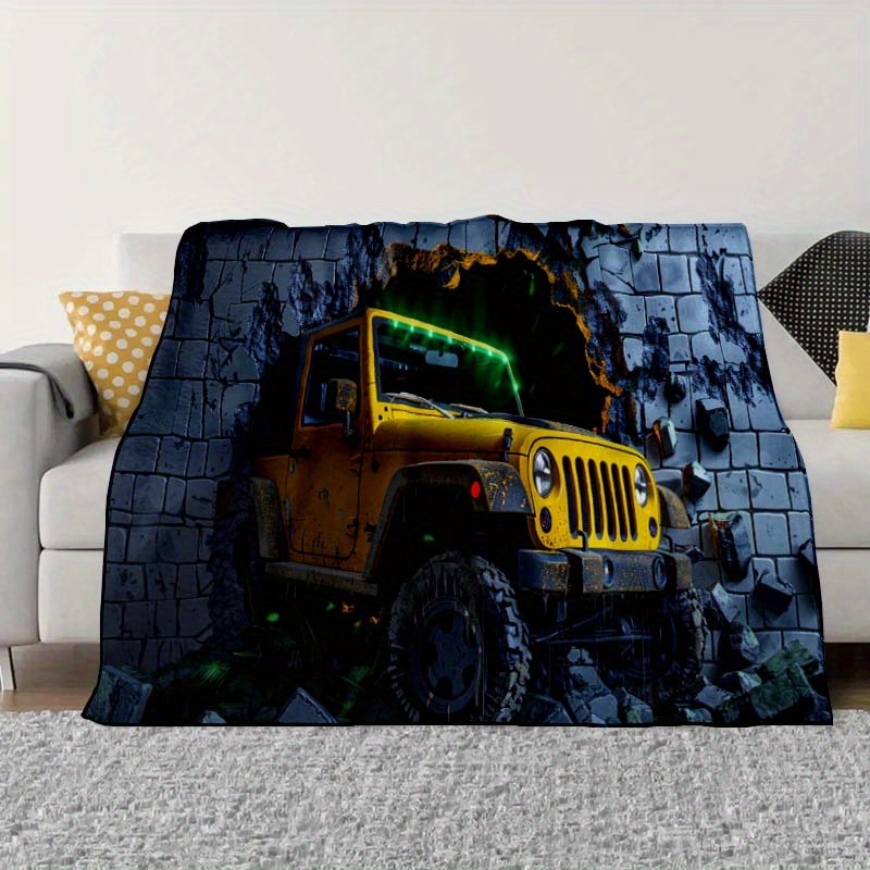 

3d Yellow Off-road Vehicle Breaking Through Wall Digital Print Blanket: Warm And Comfortable Sofa, Bed, Travel, Nap, Camping, Suitable For Family Gifts In All Seasons - Super Fine Fiber Surface