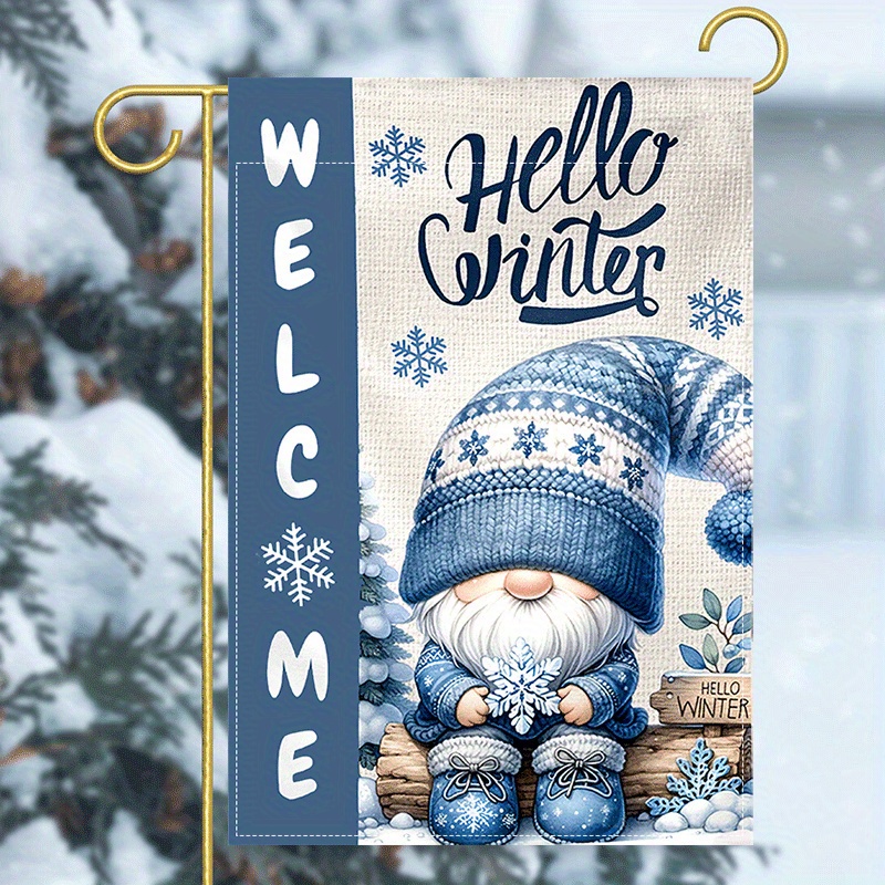 

Festive Double-sided Burlap Flag: Cute Santa Claus Welcomes 'hello Winter' With Blue Snowflakes - Perfect For Christmas Decorating