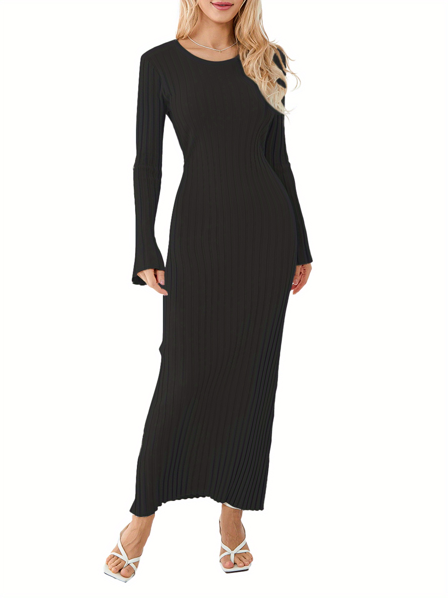 Elegant Ribbed Knit Midi Dress for Women - Long Sleeve, Crew Neck, Solid  Color with Tie Detail * Spring/Fall, Streetwear