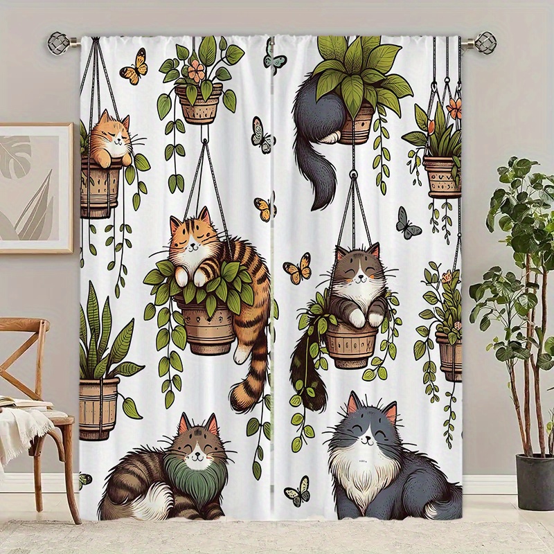 

2pcs Potted Cat Print Doorway Curtains - Contemporary Blackout Polyester Drapes For Living Room, Machine Washable, Includes Tie Back - Fashion Knit Curtain Panels, Modern Home Decor