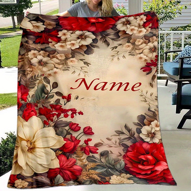 

Personalized Floral Name Throw Blanket - Knitted Polyester Flannel, Digital Print, Lightweight All-season Cozy Custom Gift For Family And Friends