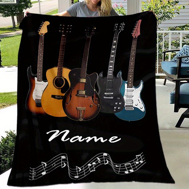 

Customized Name Guitar-themed Flannel Throw Blanket - Personalized All-season Soft And Warm Digital Print Polyester Knit For Napping, Camping, Travel - Glam Style Animal Pattern With No Embellishments