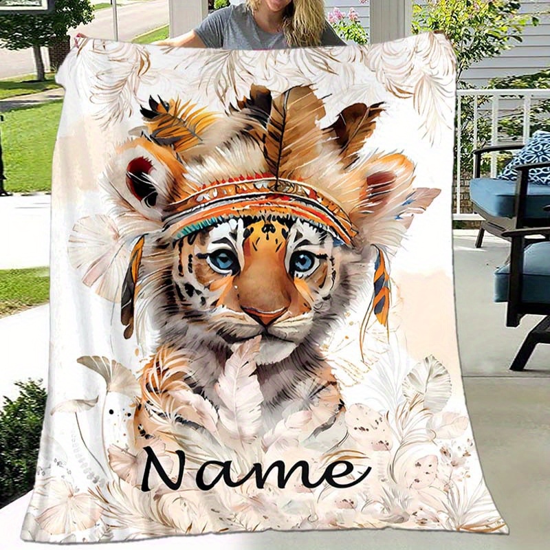 

Personalized Tiger-themed Flannel Blanket With Custom Name - Soft, Warm & Cozy For Couch, Bed, Office, And Travel - Perfect Gift For Family And Friends