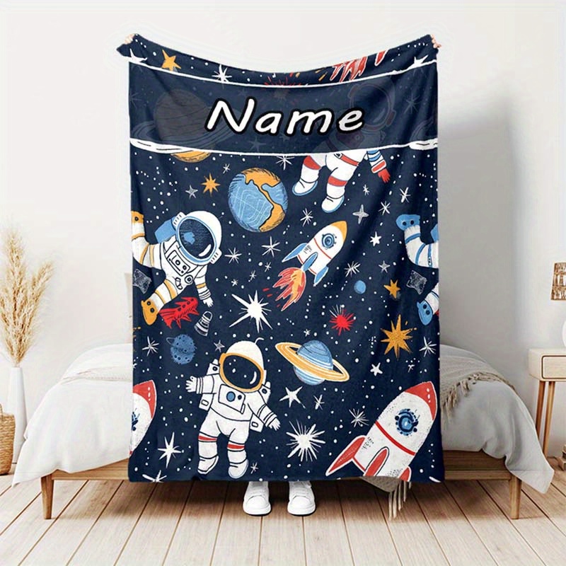 TEMU Personalized Astronaut Rocket Blanket: Perfect For Naps, Camping, And Travel - Suitable For All Seasons