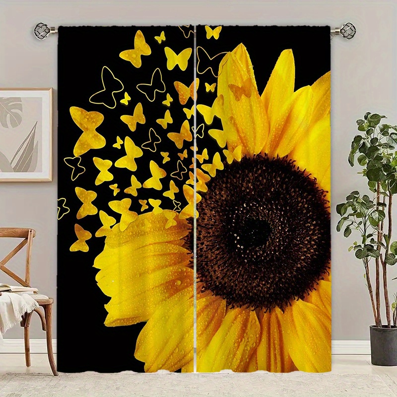 

2pcs Set Modern Blackout Curtains With Sunflower & - Polyester, Machine Washable For Living Room And Bedroom Decor