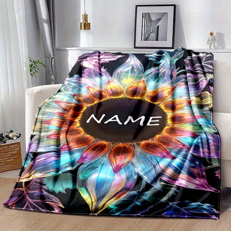 TEMU Personalized Sunflower Blanket With Custom Name - Soft, All-season Polyester Throw For Travel, Camping, Sofa & Home Decor