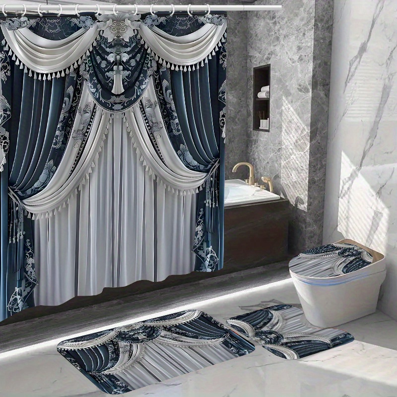 

1pc/4pcs Home Decor Waterproof Shower Curtain Sets With 12 Hooks Toilet Seat Cover Bathroom Mat Non-slip Rug Carpet Polyester Fabric Washable Curtain For Windows Bathroom Accessories