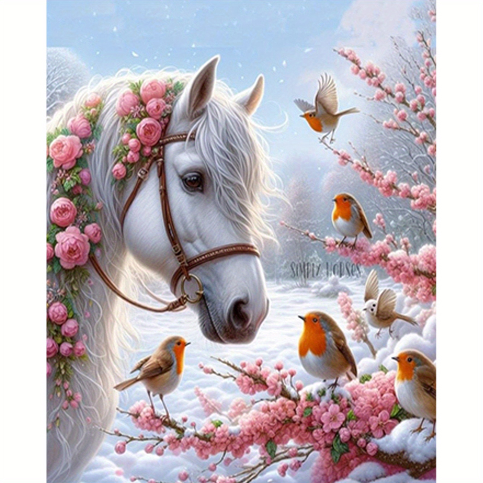 

5d Diamond Painting Kit With Round Diamonds - Full Drill Canvas Crafts, Horse And Snow Scene Mosaic Art For Home Office Decor, Animal Themed Diy Project For Adults