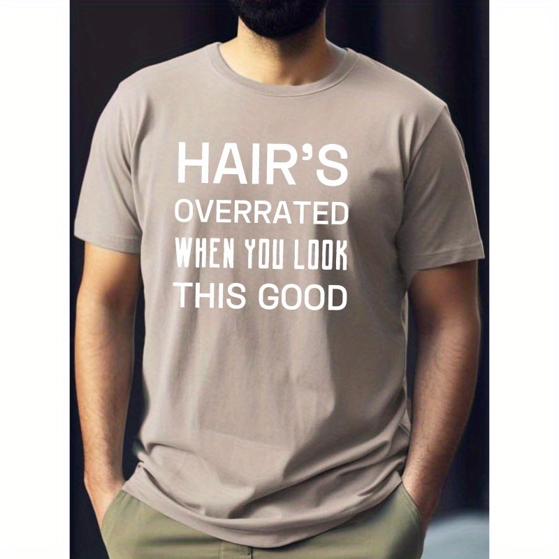 

Hair's Overrated Men's Letters Tees Print Short Sleeve T-shirts Summer Casual Tee Top