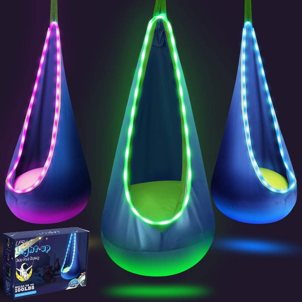 

Light Up Kids Pod Swing Seat, Kids Hanging Hammock Swing With Led Lights, Sensory Pod Swing Chair With Inflatable Pillow