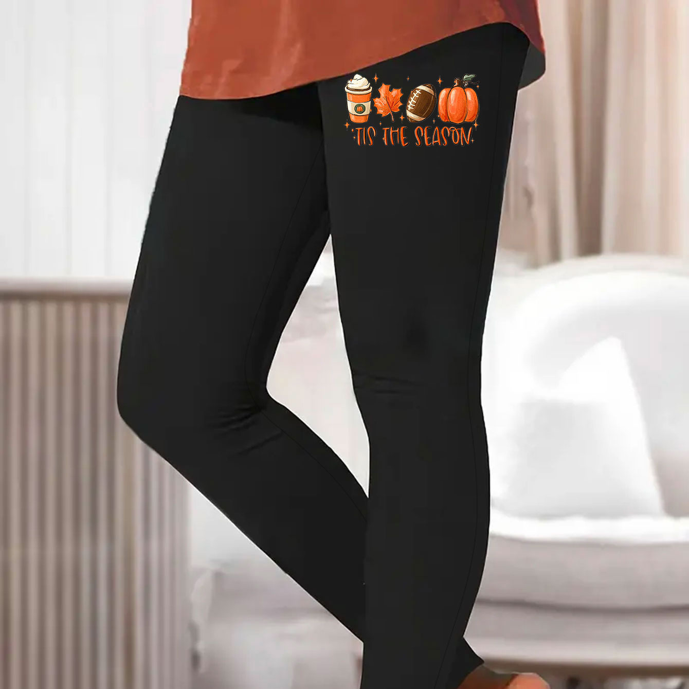 

Casual Pumpkin & Maple Leaf & Letter Print Lounge Pants, Elastic Stretchy Slim Fit Pants For Fall & Winter, Women's Loungewear