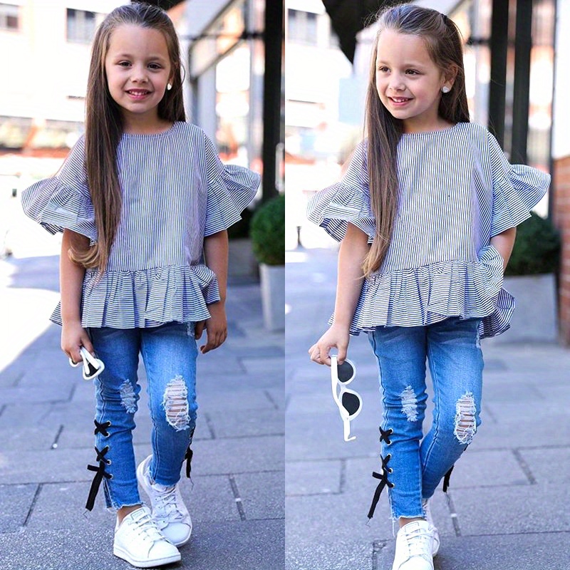 

Baby Girl's Casual Outfit Sets Half Sleeve Blue Stripe Ruffle Blouse + Ripped Denim Pants Set
