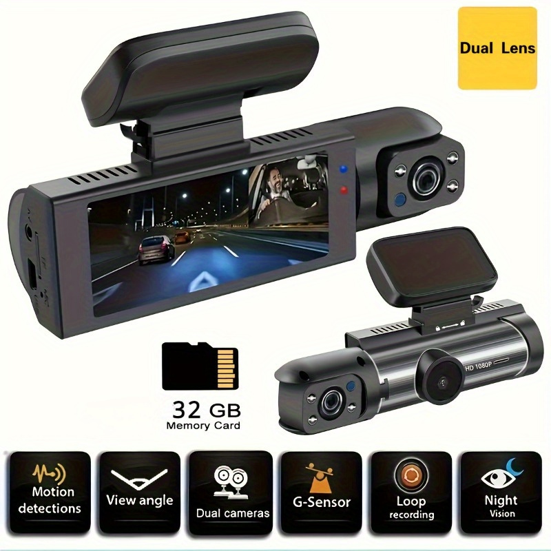 

Dual Lens 1080p Hd Dash Cam With Night Vision, Usb Rechargeable Lithium Polymer Battery, 32gb Memory Card Slot, Motion Detection, Loop Recording - Ideal For , Dash Camera For Cars