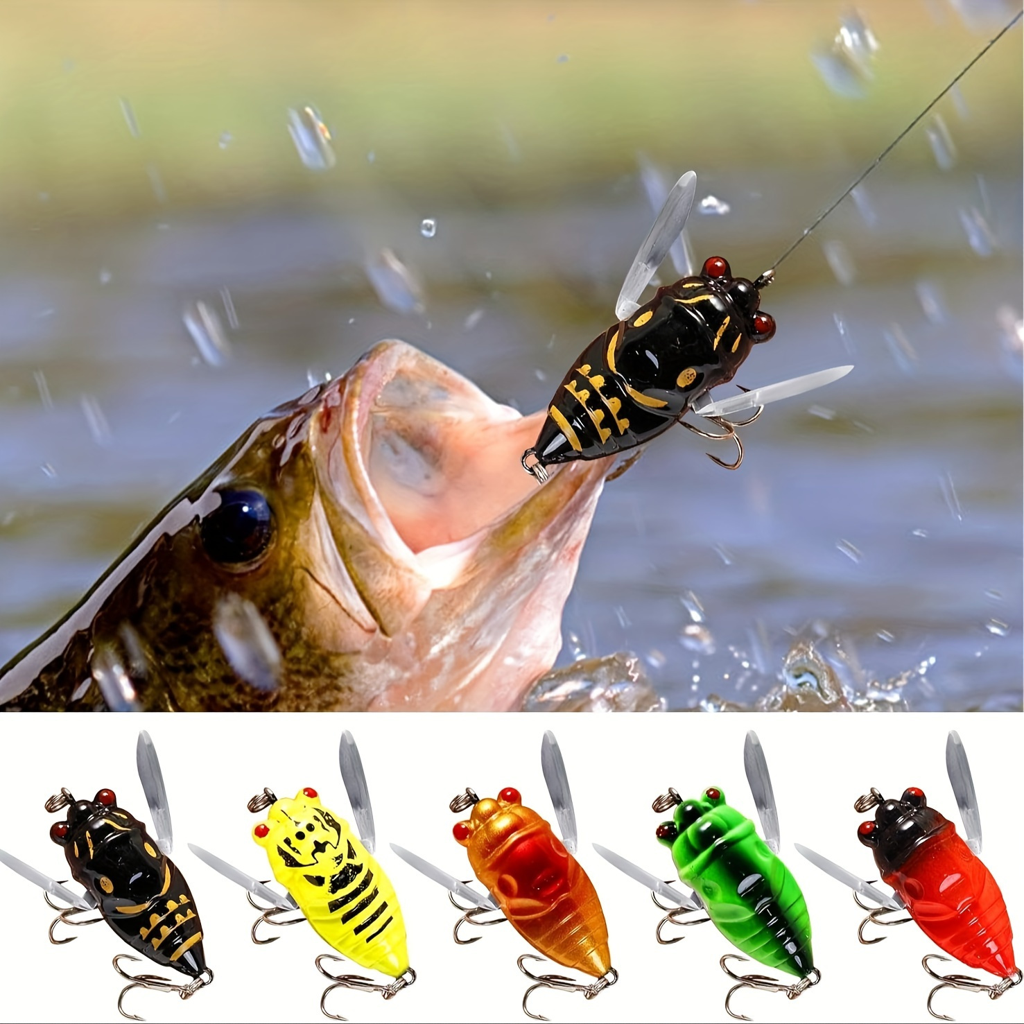 TEMU 5pcs Lifelike Cicada Fishing Lures - 3d Holographic Eyes, Cicada Shape, Realistic Swimming Action, Durable Construction - New 2024 Fishing Gear Accessories For Freshwater And Saltwater Fishing