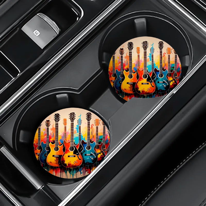 

2pcs Vibrant Guitar Car Coasters - 2.75" Faux Leather Cup Mats For Home, Office & Bar - Fit Music Lover's Decor Accessories