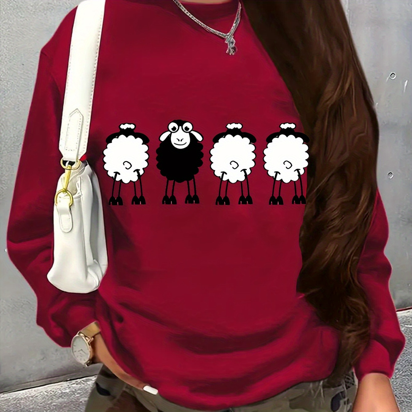 

Women's Casual And Fashionable Sports Sweatshirt, Suitable For Autumn And Winter, Comfortable And Soft, Sheep Pattern, With Plush