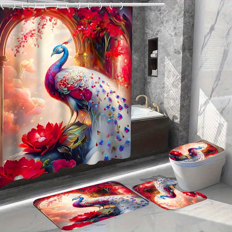 

Festive Peacock Shower Curtain Set With 12 Hooks: Includes Toilet Seat Cover, Bathroom Mat, And Non-slip Rug - Polyester Fabric, Washable, And Waterproof