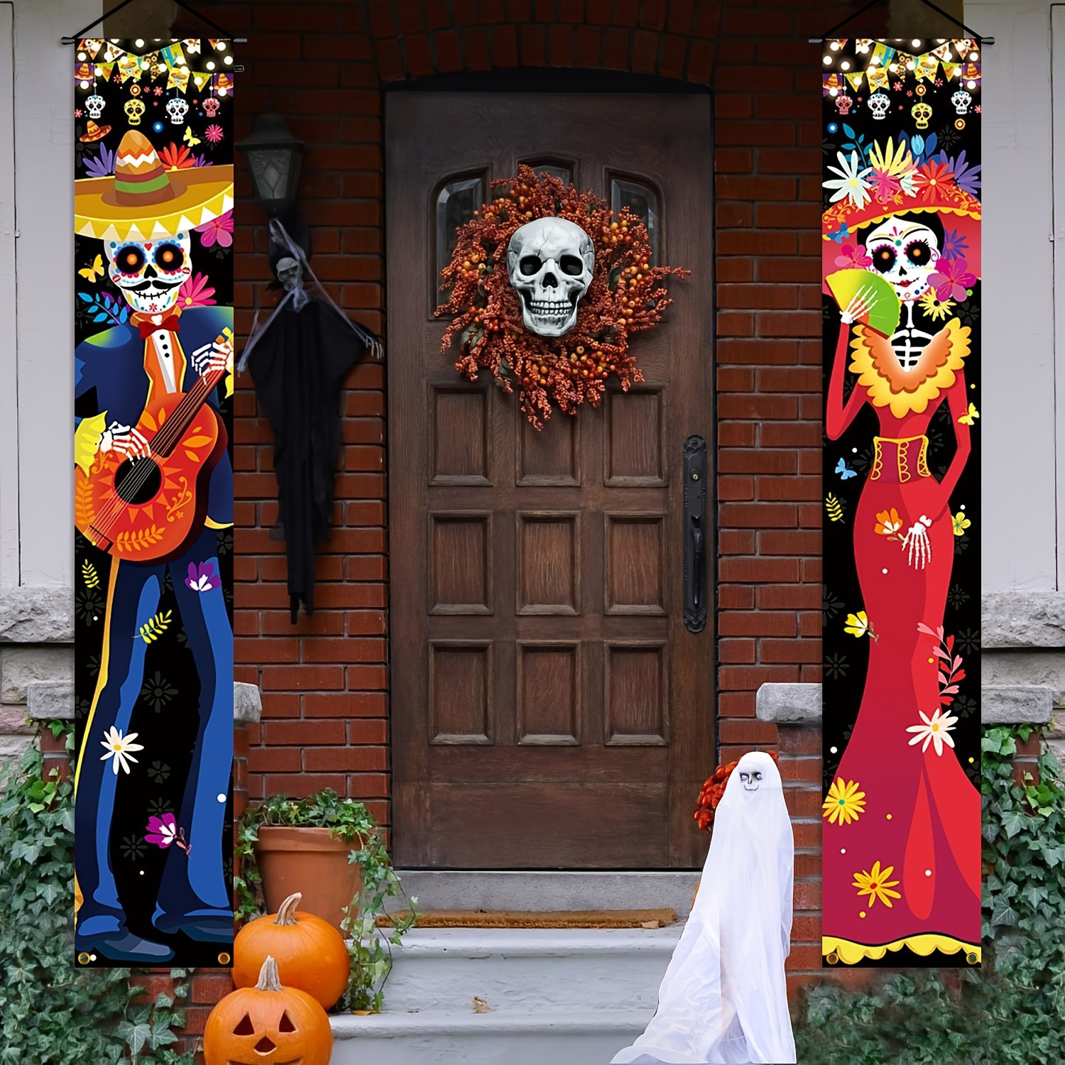 Bandera Decorativa Día De Muertos - Tela Poliéster, Diseño Tradicional Con Calaveras, Ideal Para Halloween O Altar