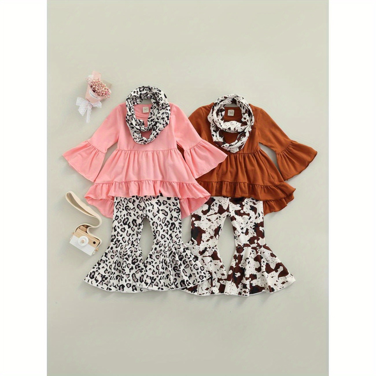 

Kid Girl Casual 3-piece Suit, Long Ruffle Sleeve A-lined Tops Wide-leg Dye Printed Casual Trousers + Scarf