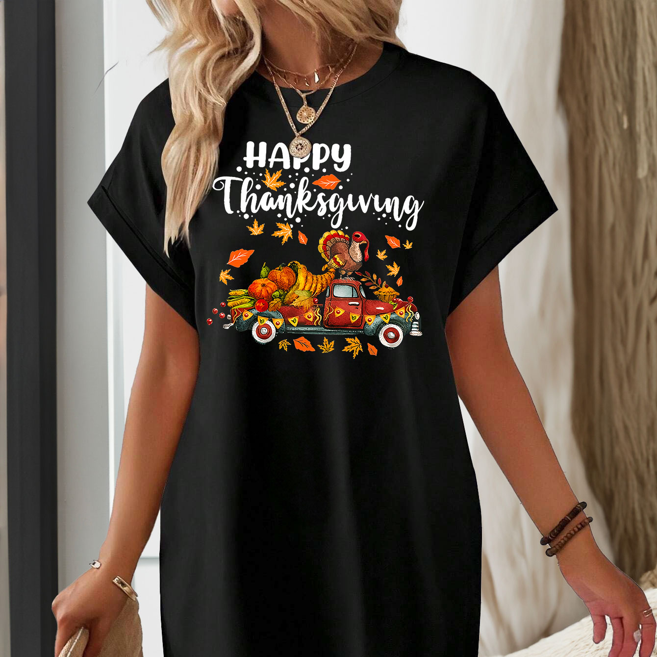 

Casual Pumpkin & Turkey & Slogan Print Lounge Dress For Thanksgiving Day, Batwing Sleeve Loose Fit Tee Dress With Pockets, Women's Loungewear