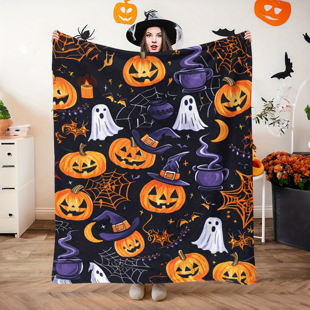 

Cozy -themed Flannel Blanket - Soft, Warm, And Perfect For Naps, Camping, Travel & Home Decor - Featuring Witch Hat, , Jack-o'-lantern, Spider Web, Bat, Candle Designs Pillow Covers Blanket