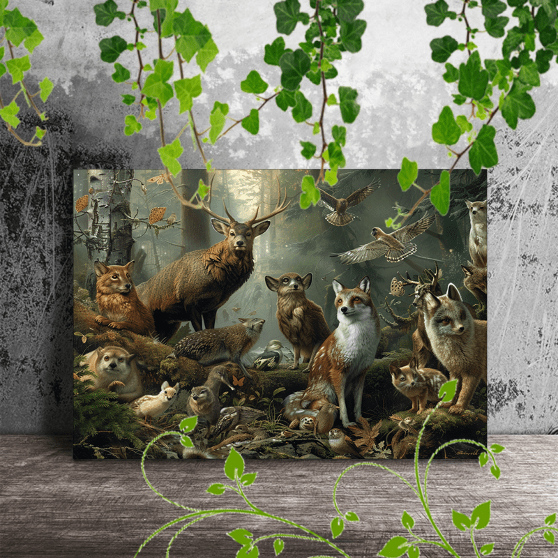 

1pc Wooden Framed Canvas Painting Artistic Printing, Corridor Home Living Room Decoration Suspensibility Forest Animals, Group Portrait, Various Species