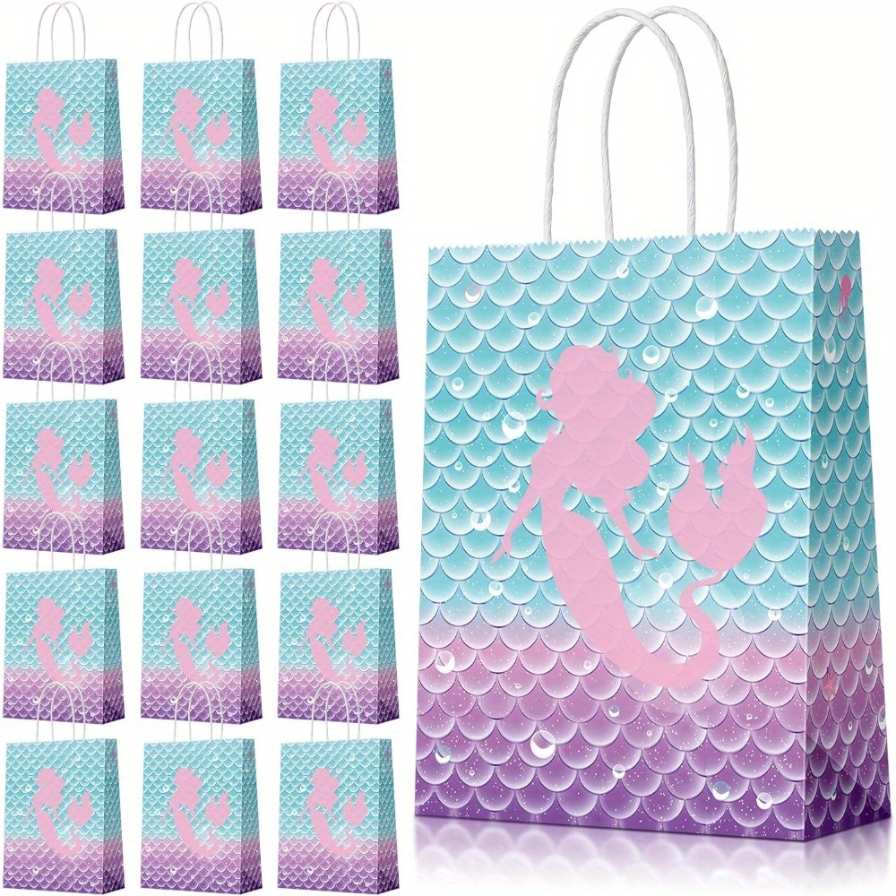 

16 Pcs, Mermaid Party Favor Bags, Kraft Paper Bags Candy Bags With Handles For Birthday Mermaid Under The Sea Themed Party Supplies