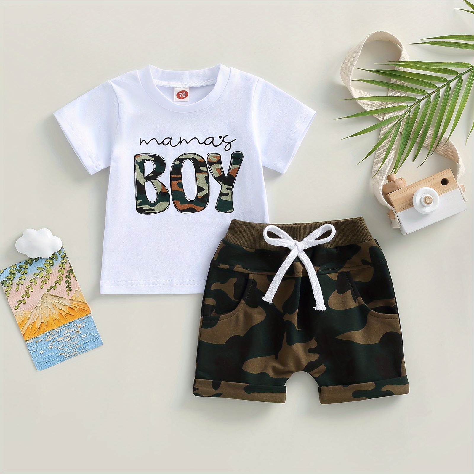 

3m-3t Toddler Baby Boys Summer Outfit Short Sleeve Letters Print T-shirt With Camouflage Shorts 2pcs Clothes Set